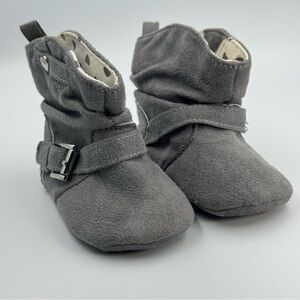 First Steps Baby Soft Boots Gray Slouch With Faux Buckle and Heart Accent 6-9 Mo